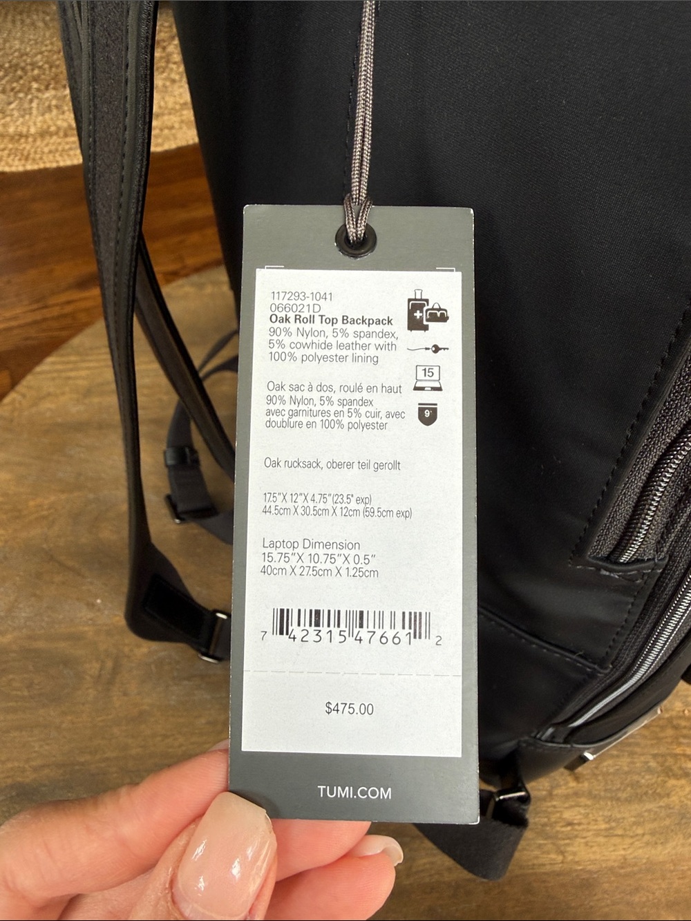 Tumi Black Nylon Roll-Top Backpack with Front Zip Pocket - Picture 3 of 11